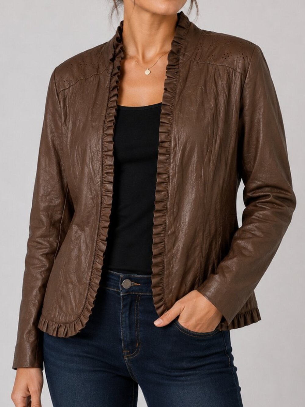 Tanjay Petite Small Brown Ruffle Trim Open Front Blazer Jacket